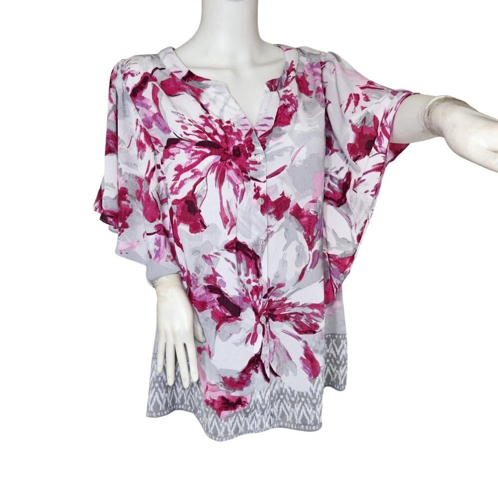 Allison Daley Women's Plus Size 3X Short Flutter Sleeve Floral Print Button NWT